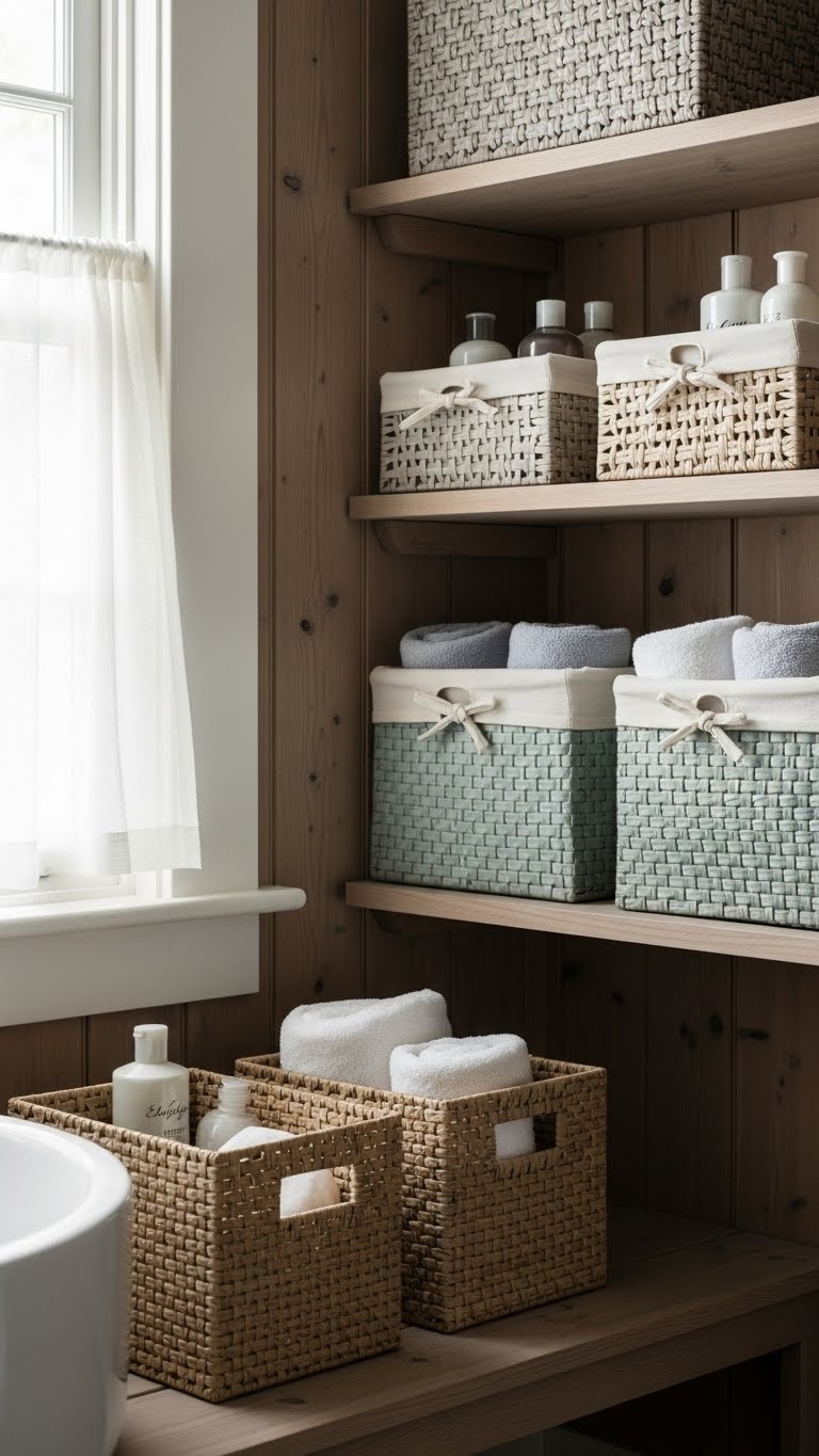 11. Charming Bathroom Storage with Vintage Baskets