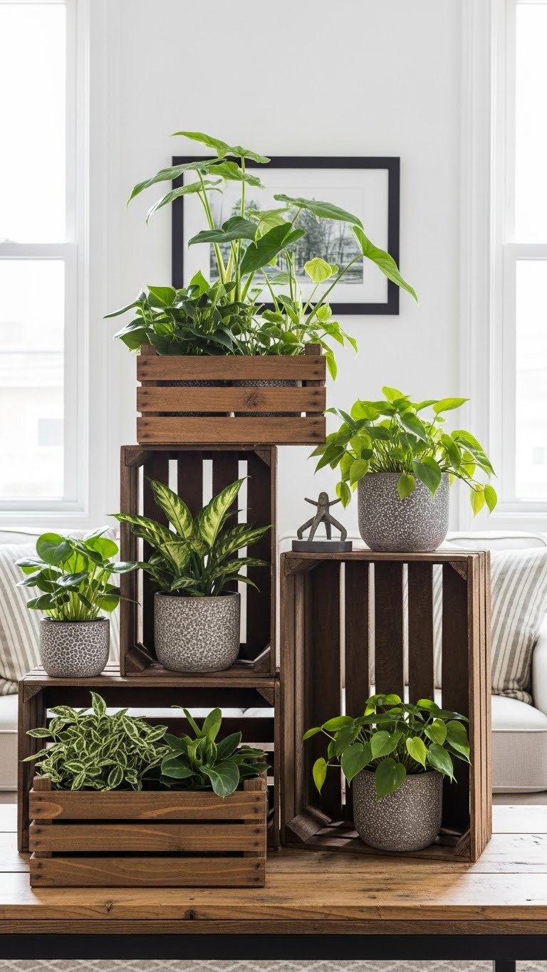 14. Creative Plant Displays with Wooden Crates