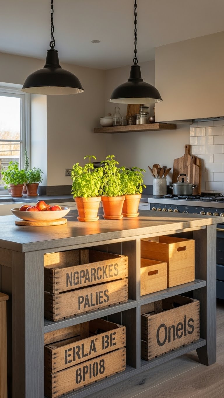 17. Rustic Kitchen Island with Crate Storage