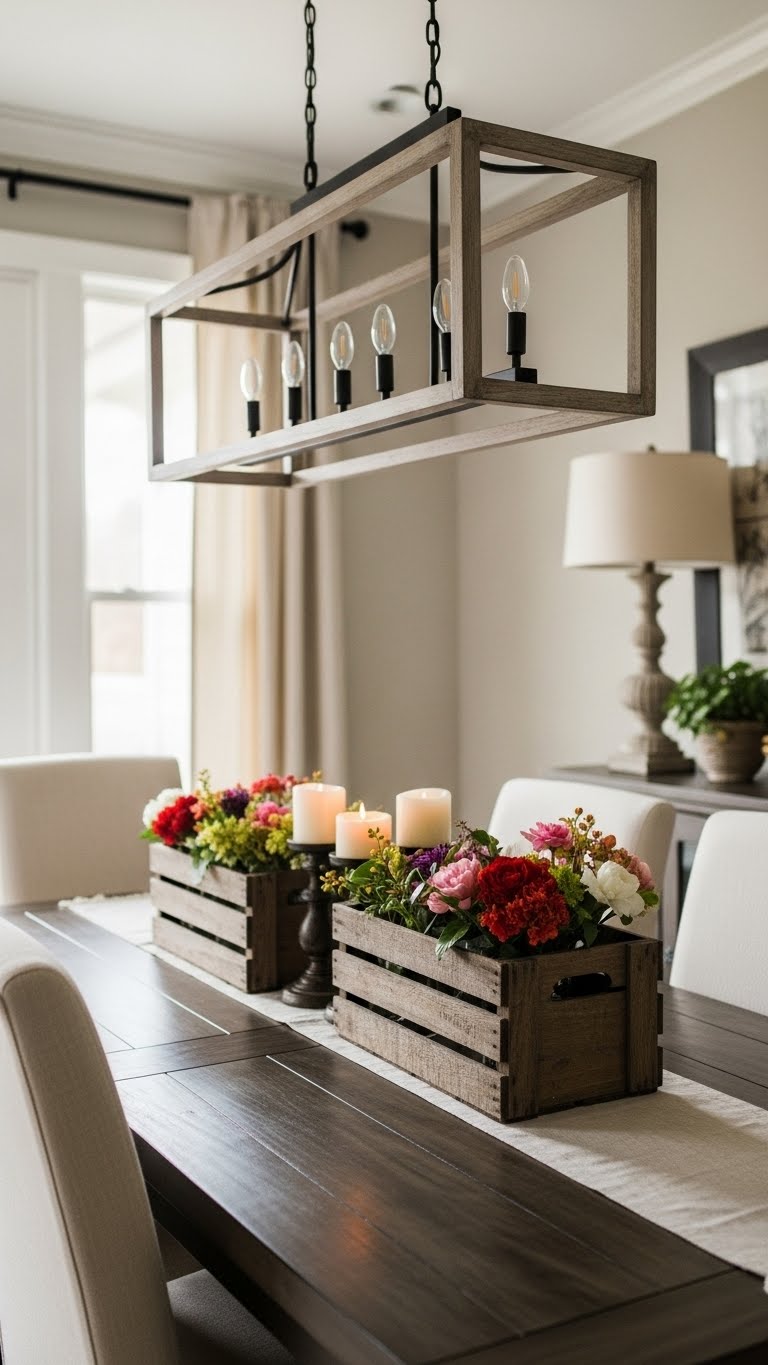 19. Stylish Dining Room with Crates as Centerpieces