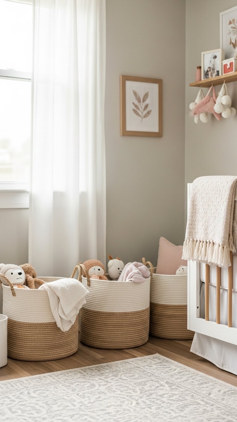 21. Charming Nursery with Decorative Baskets