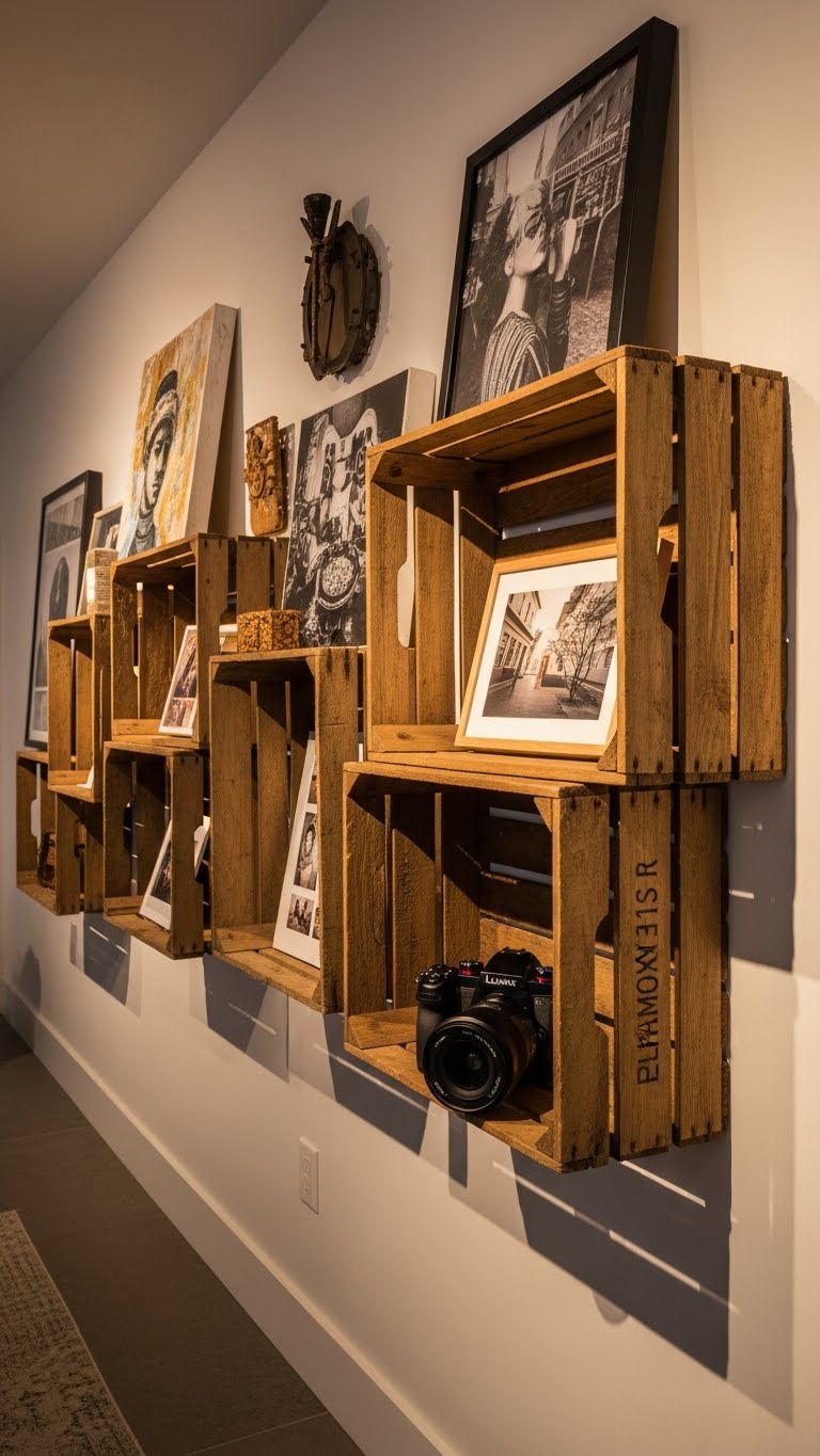 22. Artistic Gallery Wall with Crates