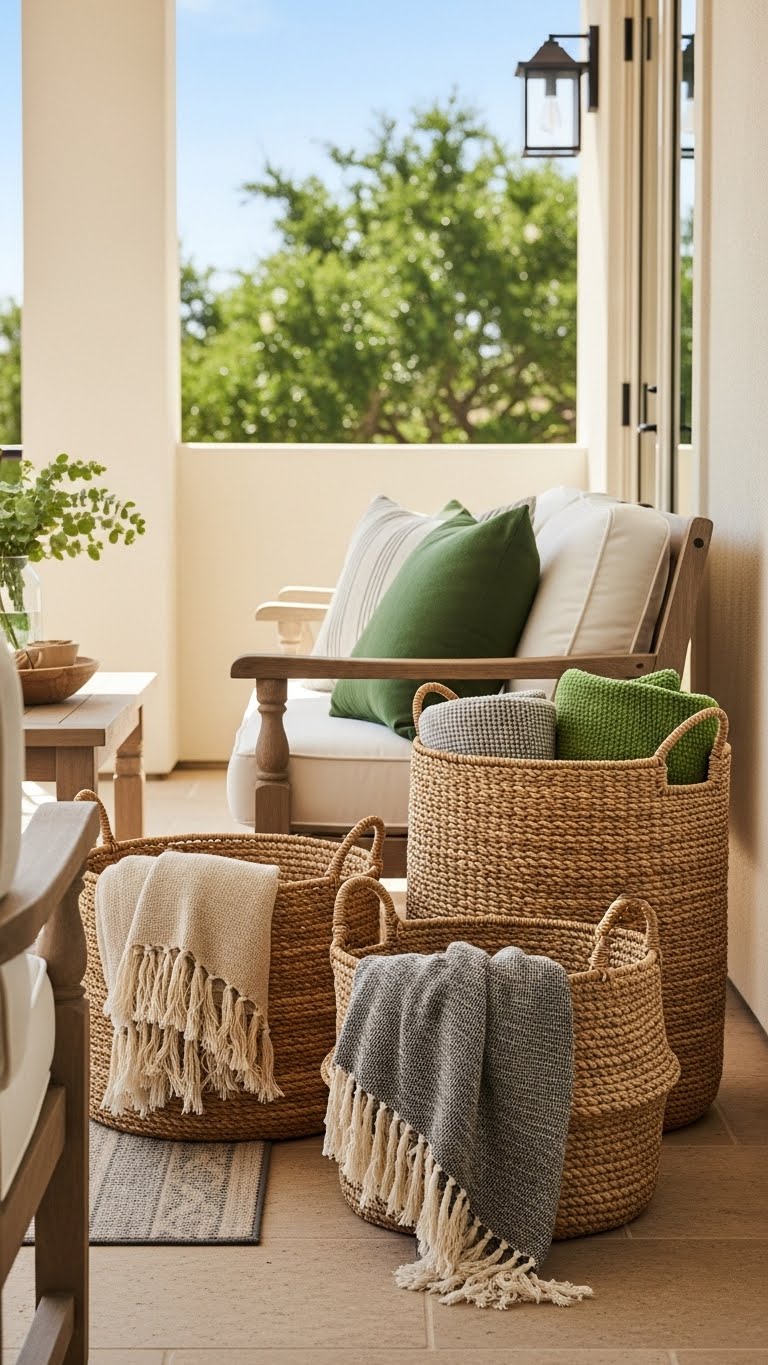 23. Outdoor Patio with Baskets for Decor and Storage