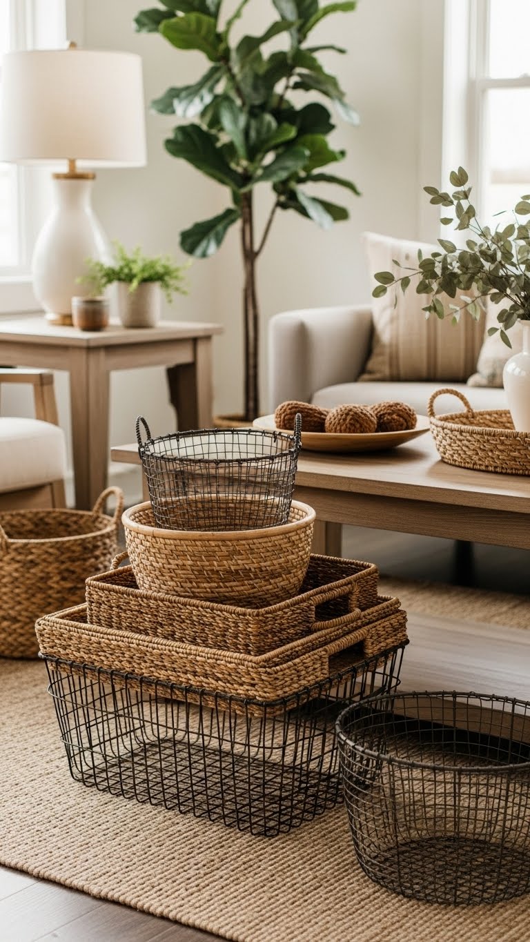 25. Cozy Living Room with Layered Baskets