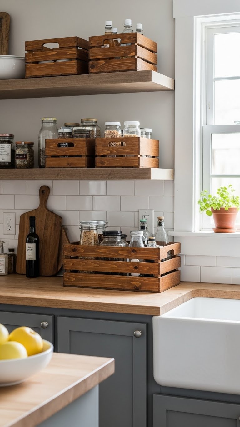 27. Rustic Kitchen with Crates for Organizing Pantry Items