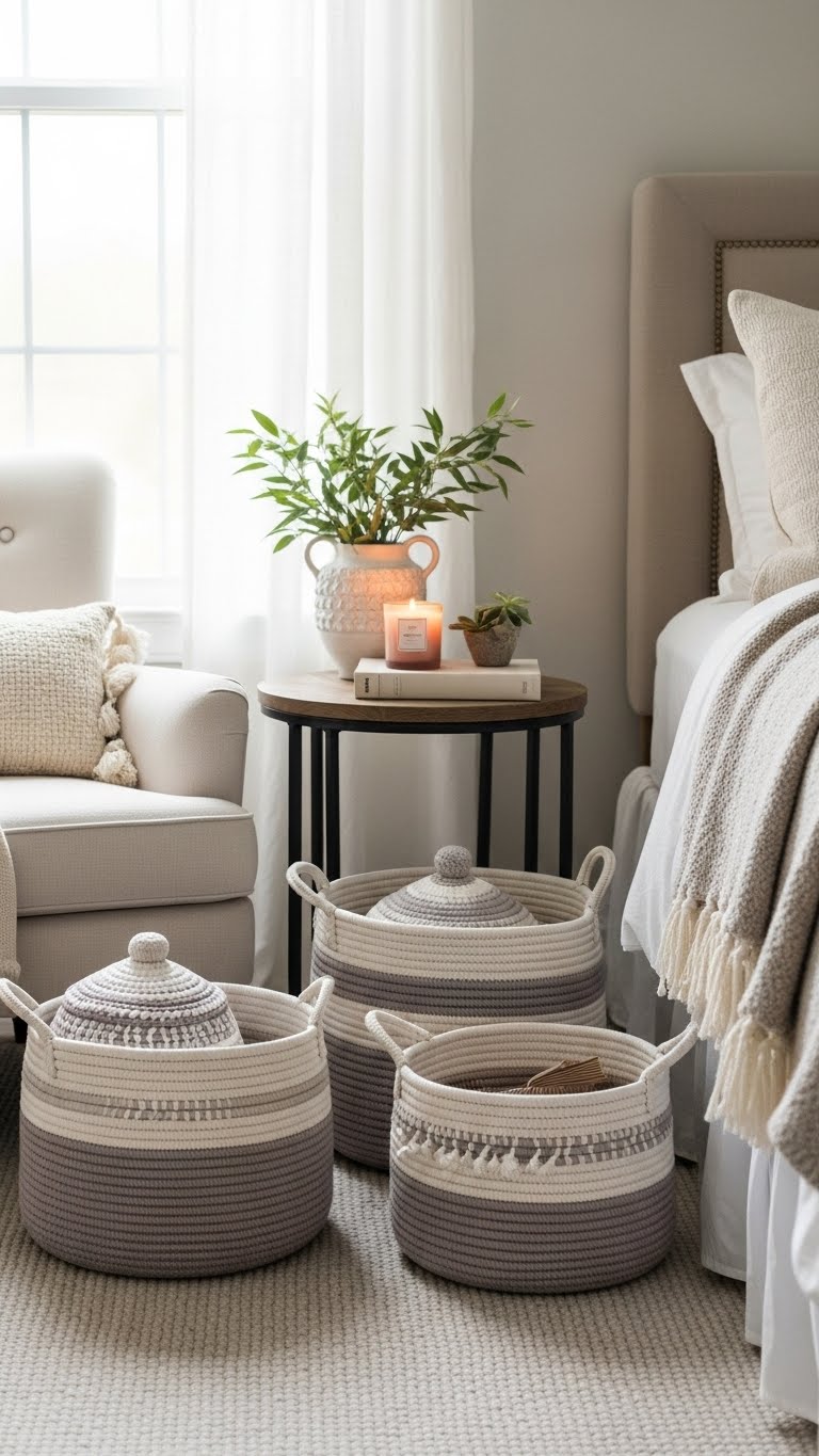 28. Inviting Bedroom Nook with Decorative Baskets