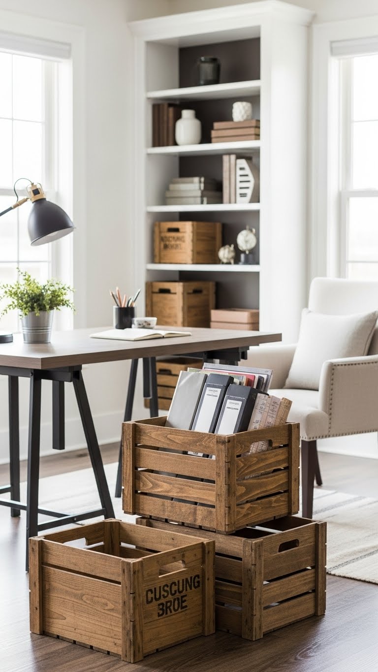 29. Stylish Home Office with Crates for Document Organization