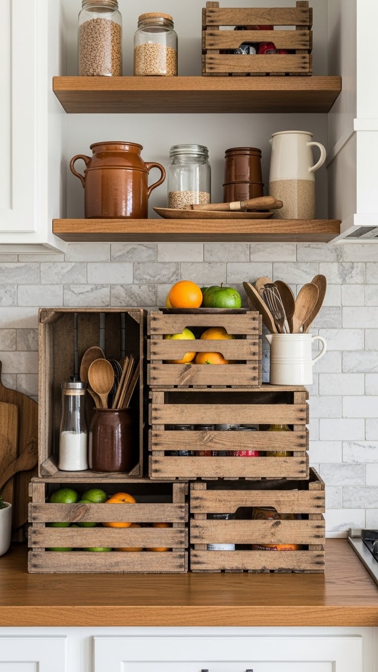 10. Rustic Kitchen Organization with Crates